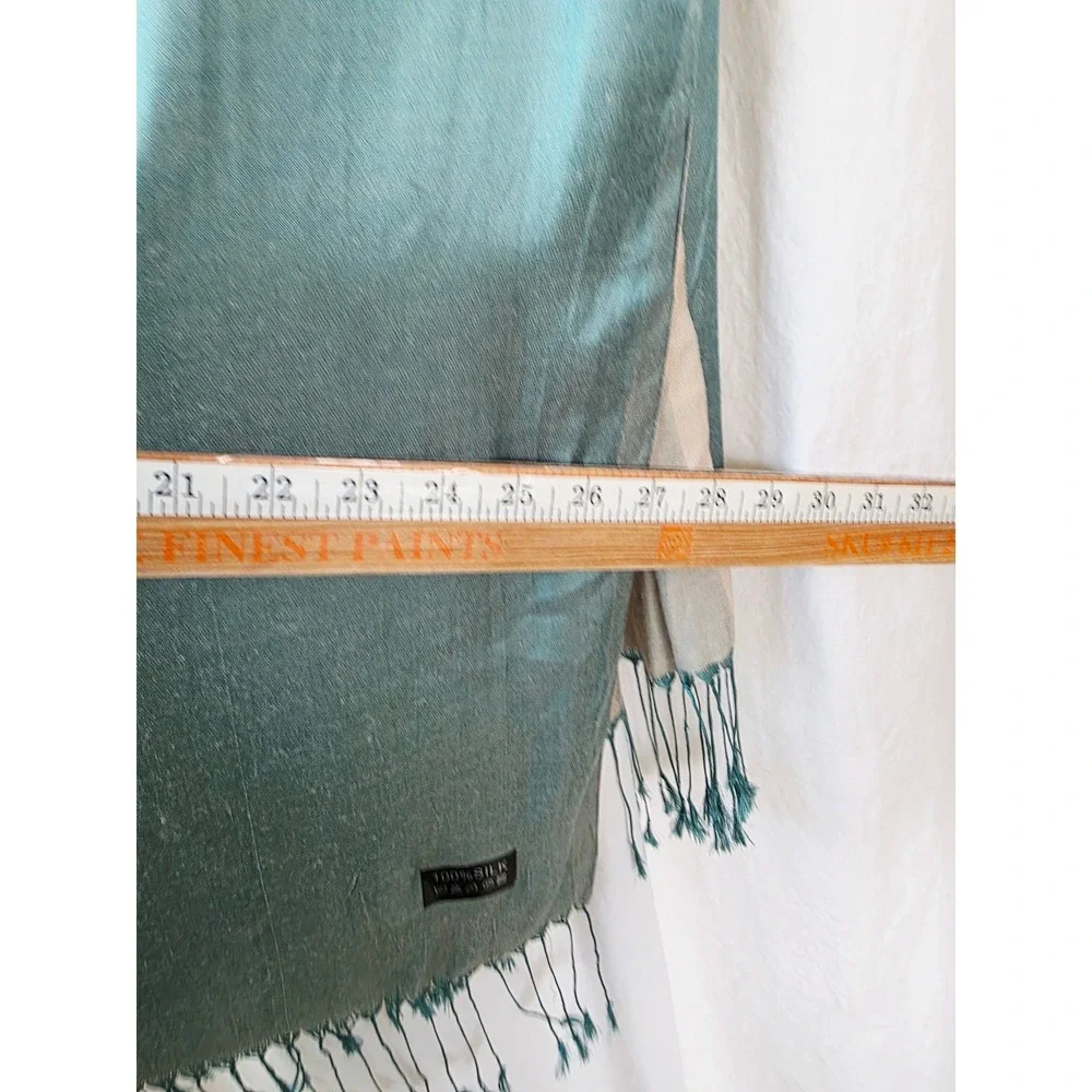 100% Silk Scarf Teal ecru Reversible Fringe Wrap Shawl 27x86